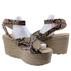 Office London Brown Snakeskin Open Toe Slingback Platform Espadrille Sandal Shoe